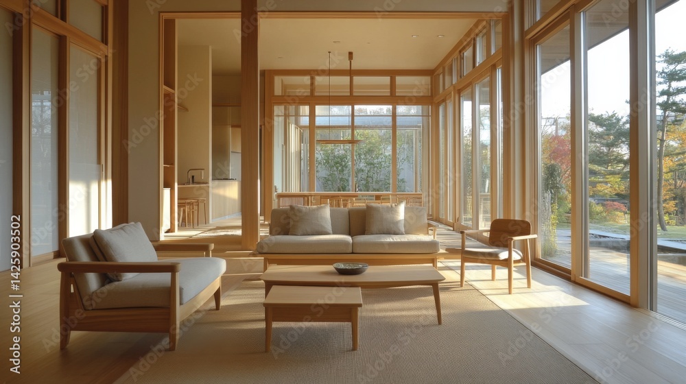 A serene Muji-inspired living room featuring a minimalist design with natural wood furniture, neutral tones, and large windows that let in ample natural light, creating a peaceful retreat.