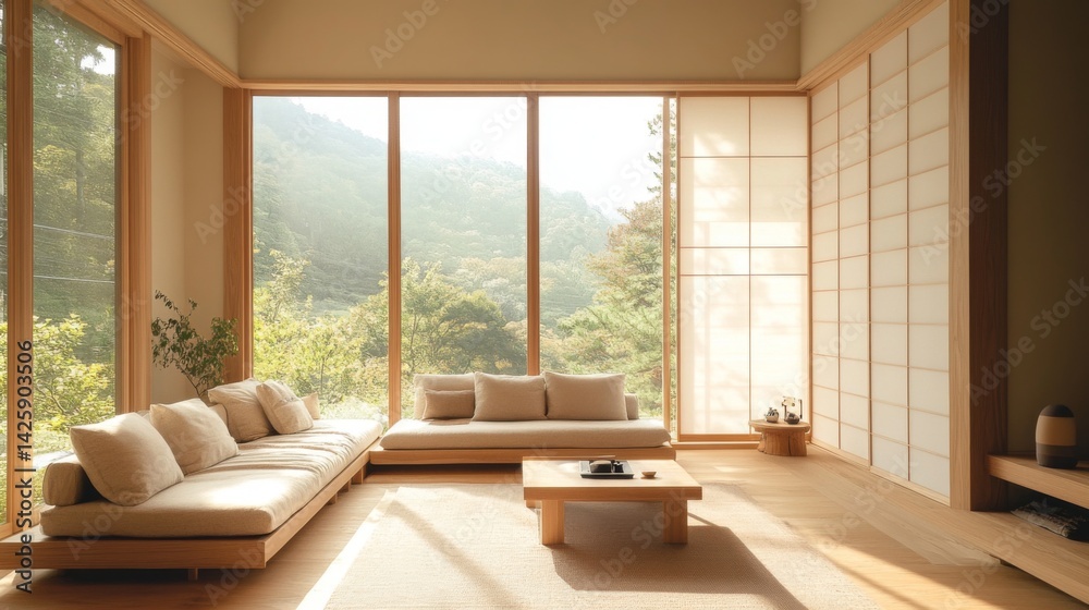 A serene Muji-inspired living room featuring a minimalist design with natural wood furniture, neutral tones, and large windows that let in ample natural light, creating a peaceful retreat.