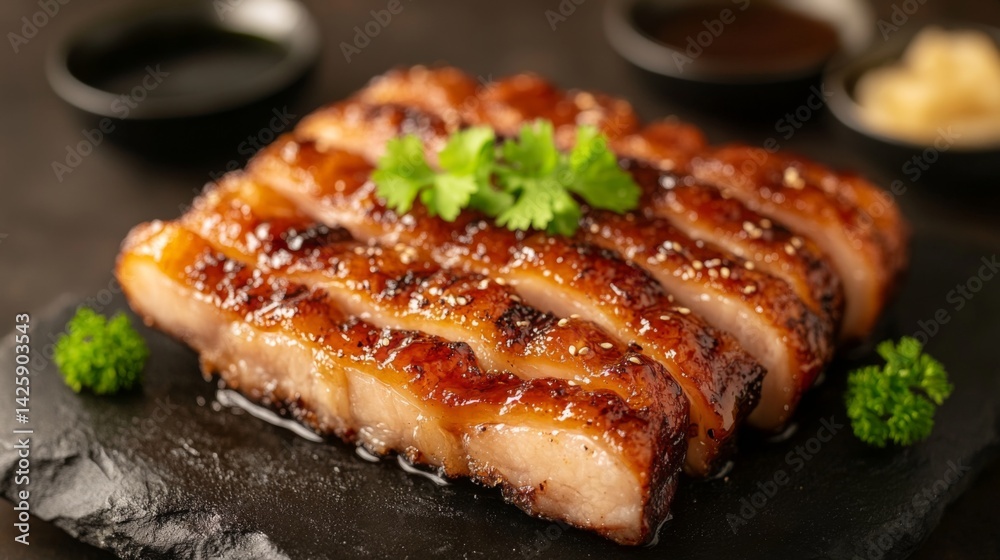 A serving of fried pork belly with a glistening fish sauce coating, placed on a dark stone plate, with warm lighting creating a rich, appetizing atmosphere