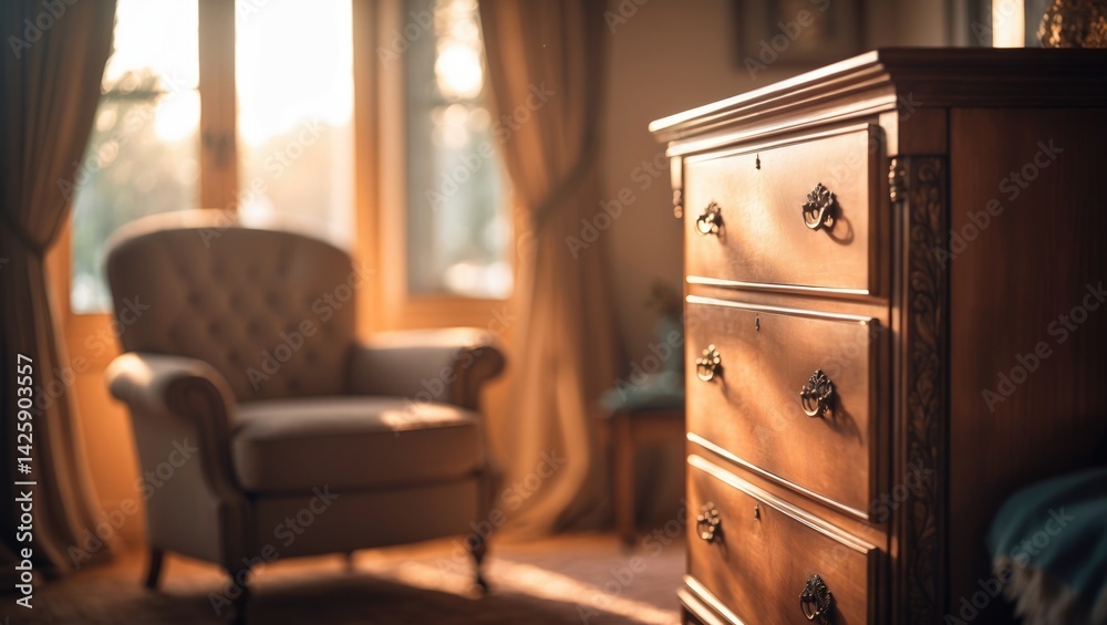 Obraz premium Interior view featuring a classic wooden chest of drawers and armchair bathed in warm sunlight, creating a cozy and nostalgic ambiance