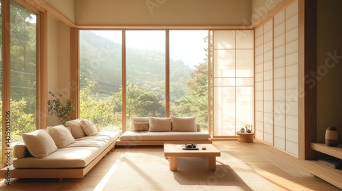 Obraz na płótnie A serene Muji-inspired living room featuring a minimalist design with natural wood furniture, neutral tones, and large windows that let in ample natural light, creating a peaceful retreat. w salonie
