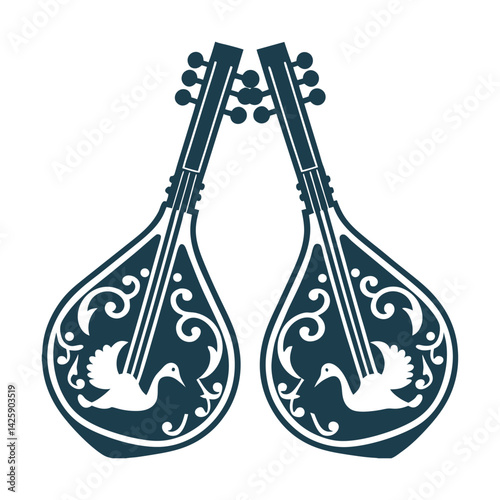 Saraswati Veena: Indian String Instrument Vector - Saraswati’s Veena – A flowing, symmetrical string instrument with a swan motif