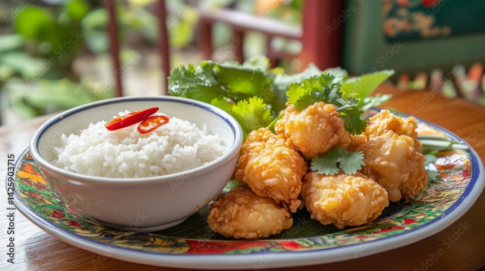 A serving of golden fried chicken alongside a bowl of steamed rice, garnished with fresh cilantro and chili, placed on a traditional Thai-style plate with a vibrant backdrop