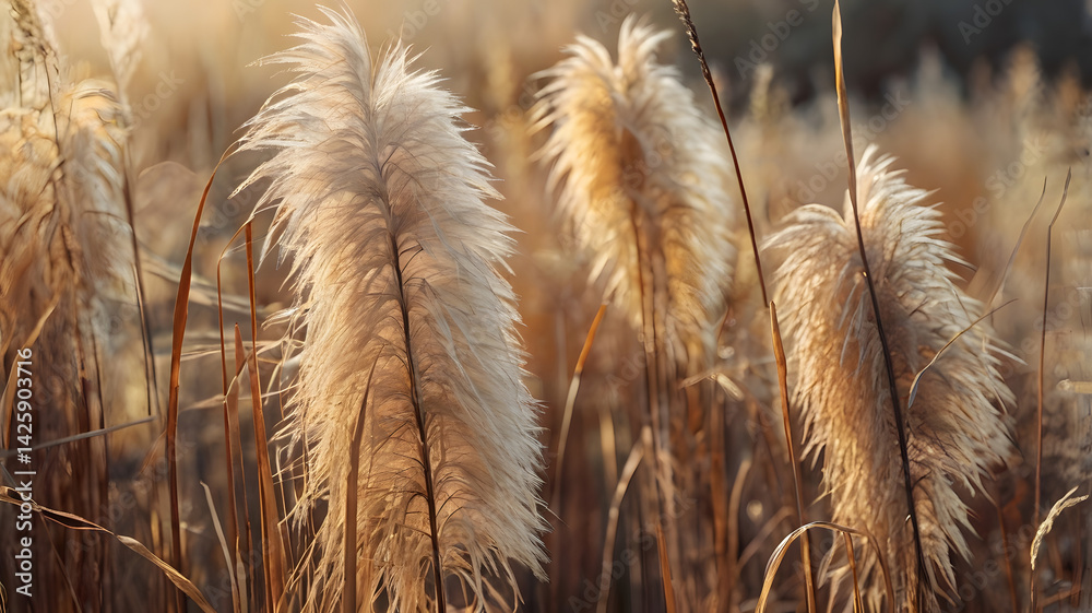 Abstract natural background of soft plants Cortaderia selloana. Pampas grass on a blurry bokeh, Dry reeds boho style. Fluffy stems of tall grass in autumn, soft focus. High quality photo