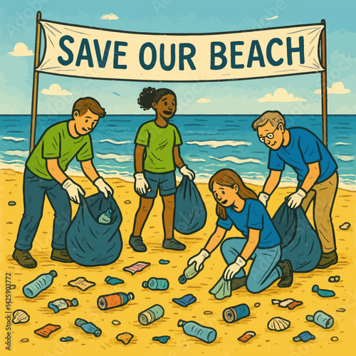 People Collecting Trash on Beach to Save Our Environment Cartoon