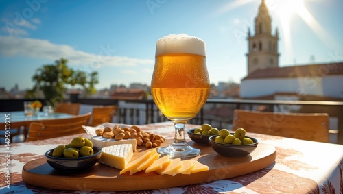 Summer scene of Spanish beer, cheese, tapas, and green olives on a rooftop terrace with views of the old city center