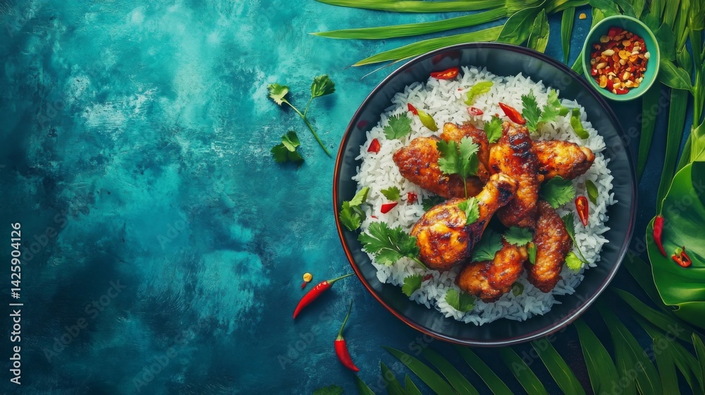 A serving of golden fried chicken alongside a bowl of steamed rice, garnished with fresh cilantro and chili, placed on a traditional Thai-style plate with a vibrant backdrop