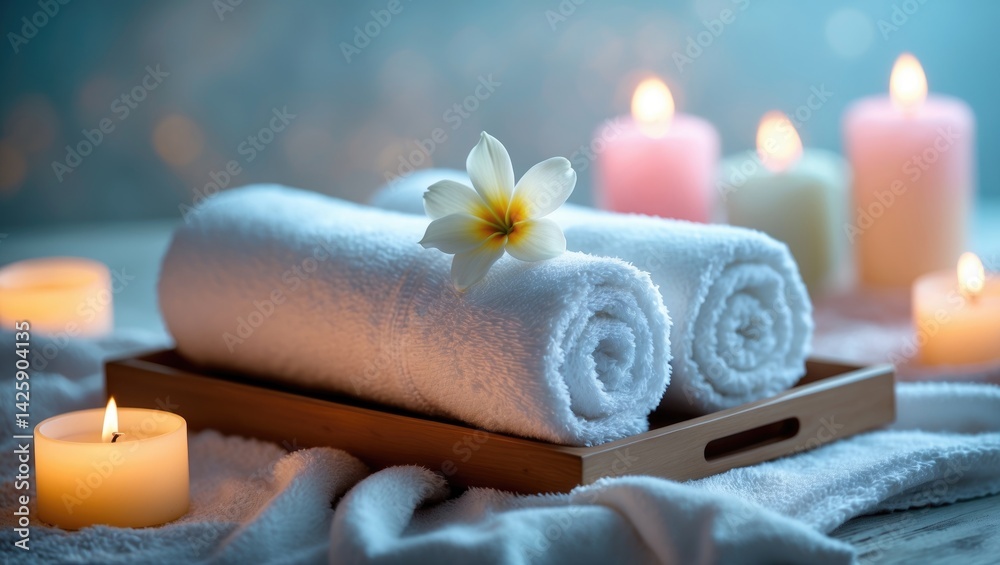 Relaxing home spa scene with towels, flowers, and aromatic elements