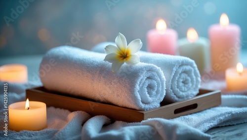 Obraz na płótnie Relaxing home spa scene with towels, flowers, and aromatic elements w salonie