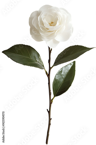 Elegant white camellia flower with green leaves isolated on a transparent background