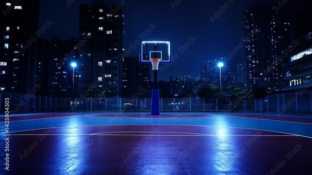 A shot of an empty basketball court at night, with the court lights illuminating the hoop and ball, creating a calm yet dramatic atmosphere