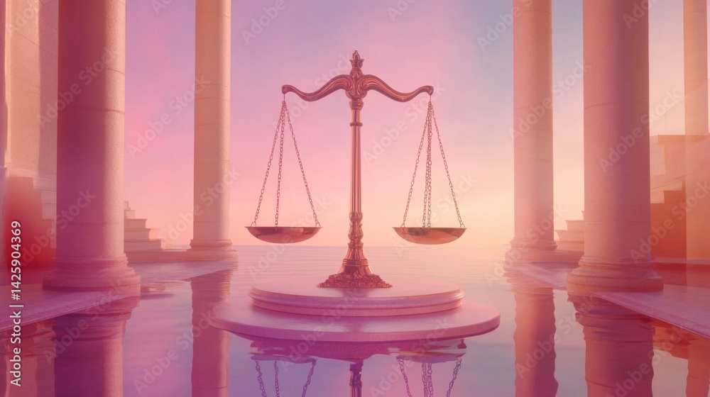 A shot of a balanced scale of justice on a reflective surface with soft lighting, creating a serene and formal atmosphere of fairness