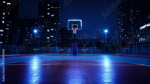 Obraz na płótnie A shot of an empty basketball court at night, with the court lights illuminating the hoop and ball, creating a calm yet dramatic atmosphere w salonie