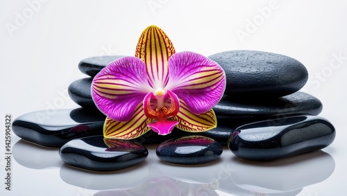 White background with black spa stones and a vibrant red orchid