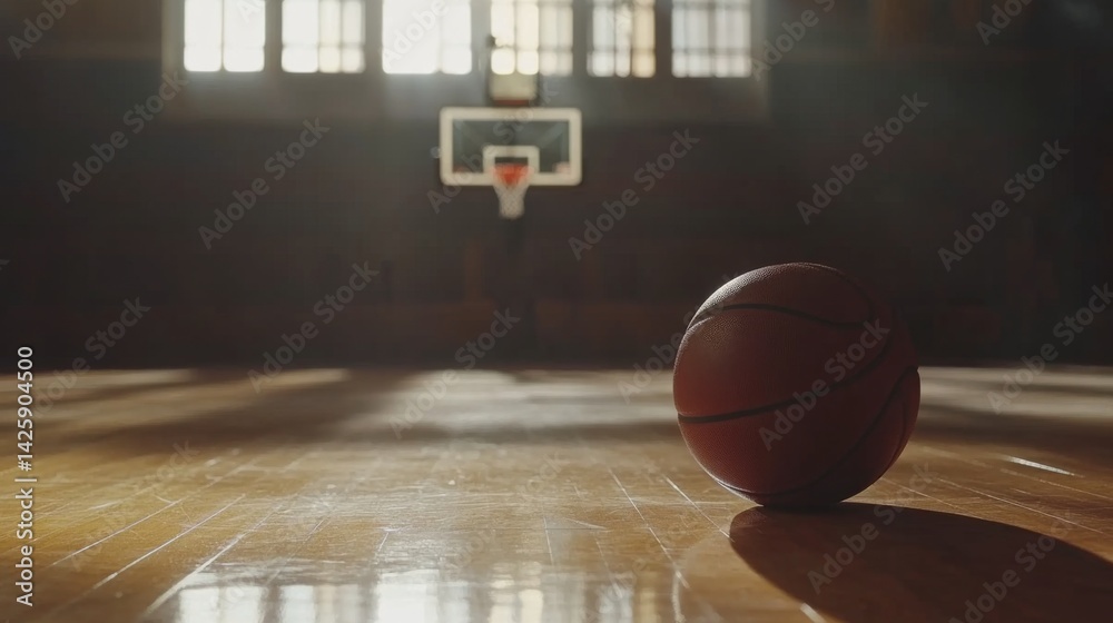 A shot of a basketball bouncing on the court near the sideline, with the basket hoop in the background and a polished wooden floor reflecting the light A shot of a basketball bouncing on the court near the sideline, with the basket hoop in the background and a polished wooden floor reflecting the light