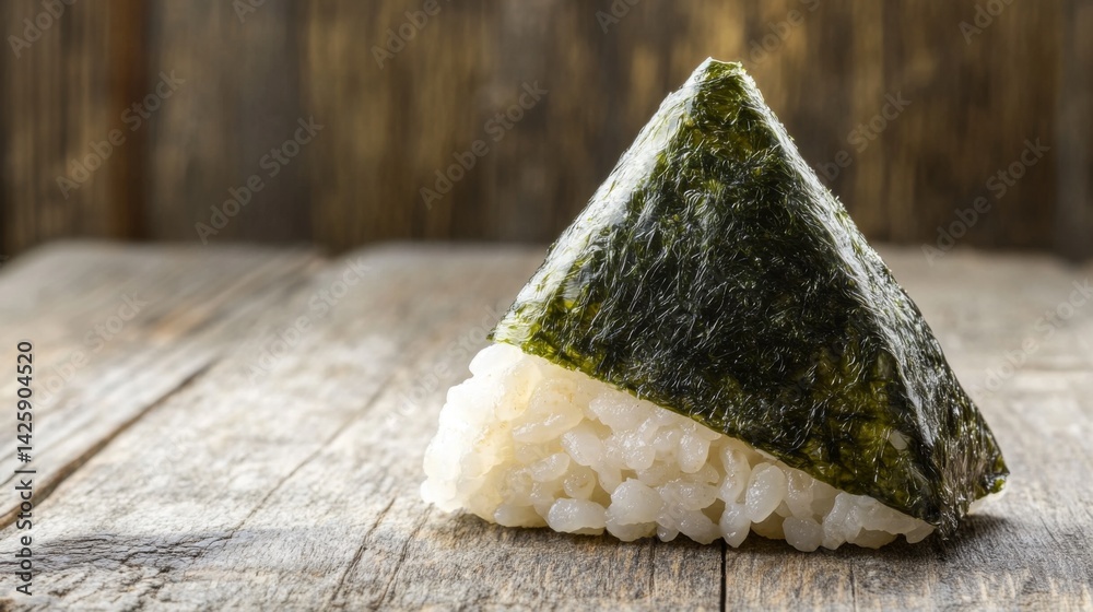 A shot of a rice ball in the shape of a triangle, wrapped in seaweed and placed on a traditional wooden table, with soft light illuminating the details
