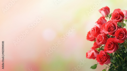 stunning bouquet of beautiful crimson roses stands out against soft, bright background, evoking feelings of love and joy. Perfect for celebrations or romantic occasions