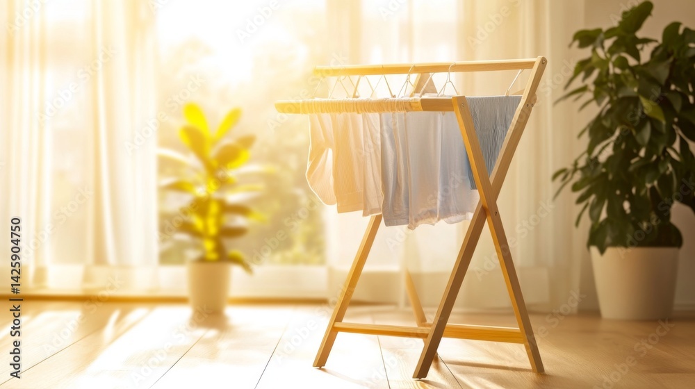A side view of a clothes drying rack in a spacious room with clothes hanging neatly, bathed in warm, golden sunlight, symbolizing a well-kept home