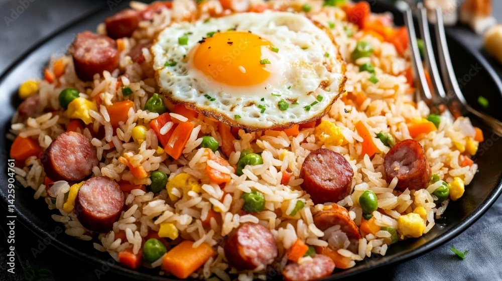 A side view of a plate of American fried rice with diced sausages, vegetables, and a perfectly fried egg, served on a dark ceramic plate with a fork on the side