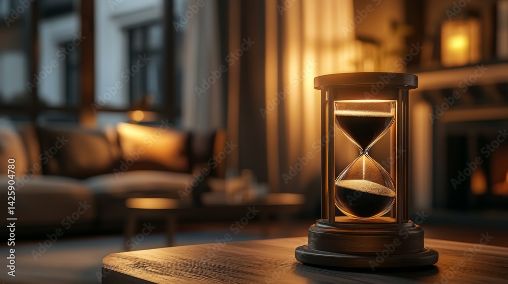 A side view of a vintage hourglass with dark sand flowing, placed on a polished wood surface with a blurred background of a cozy study room
