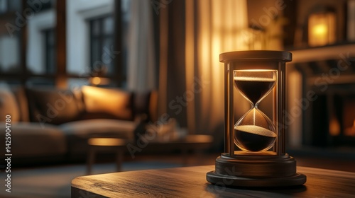 Obraz na płótnie A side view of a vintage hourglass with dark sand flowing, placed on a polished wood surface with a blurred background of a cozy study room w salonie