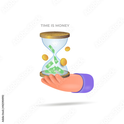 The hand holds an hourglass. Time is money. The concept of proper time allocation in business.
