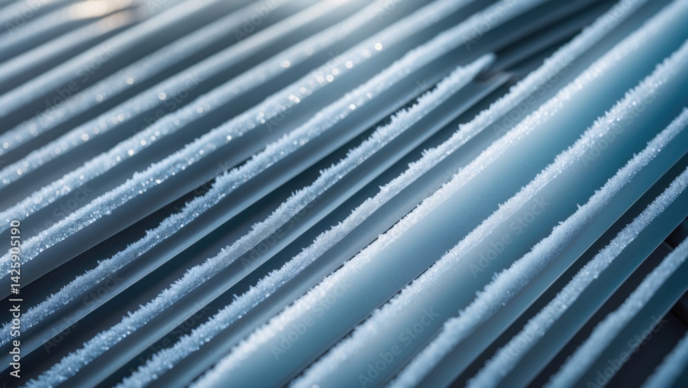 Fototapeta premium Close-up view of frost-covered ice crystals on a structure with angled slats