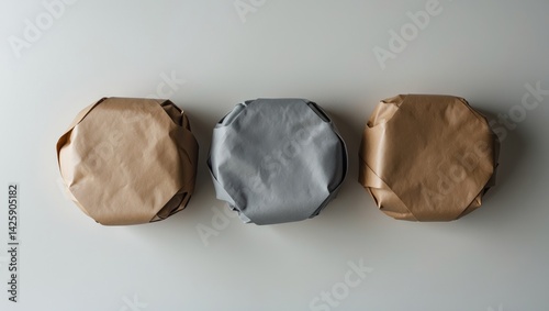 Classic Burgers wrapped in paper on a white background. Top view. Mockup.