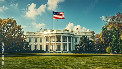 The White House under a clear blue sky with vibrant trees and an American flag waving