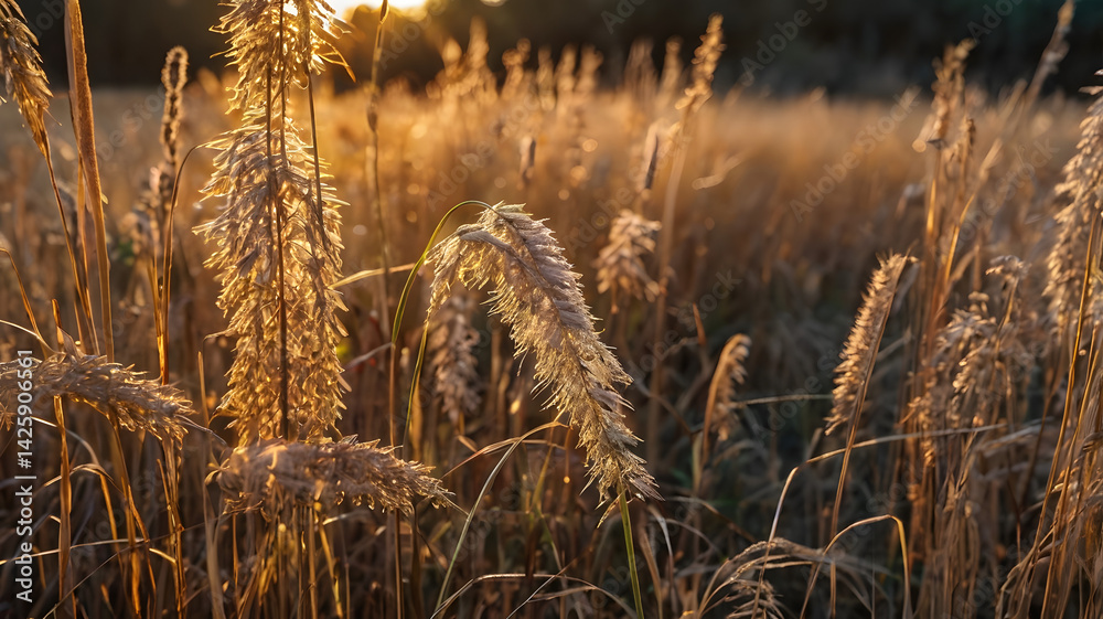 Calamagrostis arundinacea at sunset field. Bushgrass grass inflorescence. Herb garden with ornamental grasses in autumn. Dry reeds boho style. High quality photo