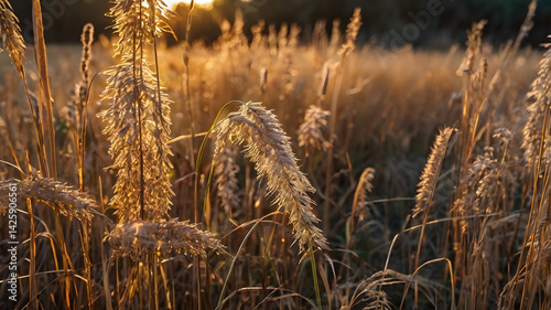Obraz na płótnie Calamagrostis arundinacea at sunset field. Bushgrass grass inflorescence. Herb garden with ornamental grasses in autumn. Dry reeds boho style. High quality photo w salonie