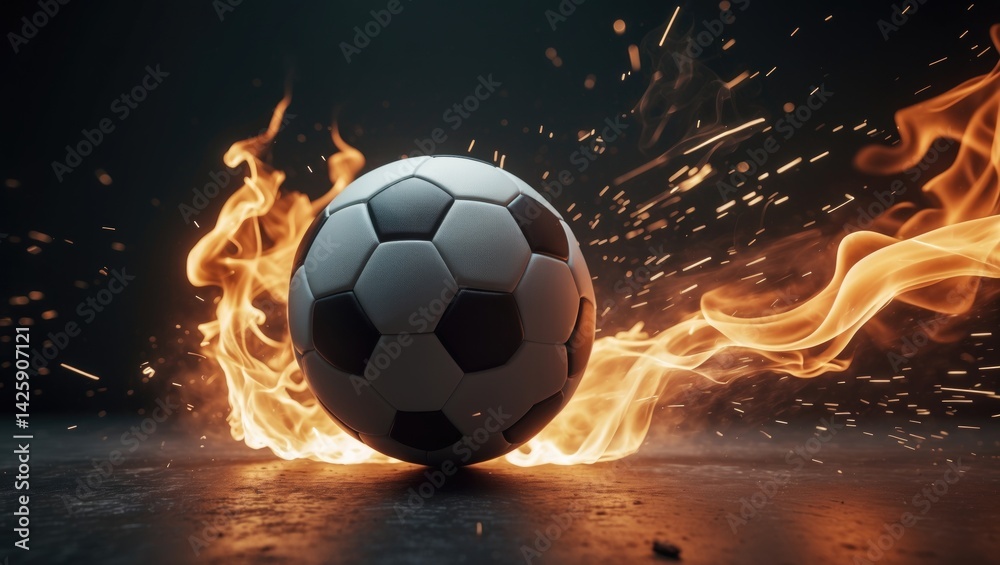 Fototapeta premium Soccer ball with vibrant flames soaring against a backdrop