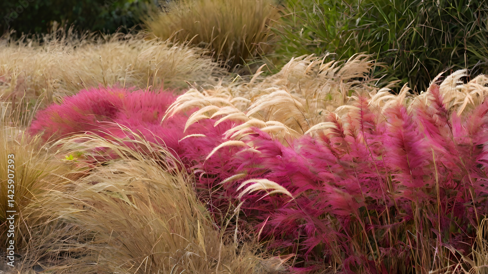 Vibrant pink ornamental grass amongst beige grasses