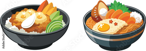 Set of Katsu don, fried chicken cutlet and rice bowl on transparent background.