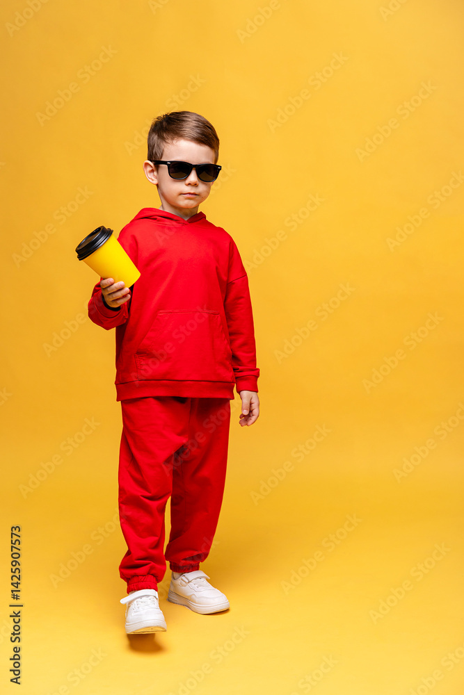 Cool little boy 3-4 years old in red track sport suit and black sunglasses holding yellow paper cup in hand on yellow background. Take away coffee concept. Copy space. High quality photo