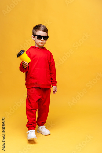 Obraz na płótnie Cool little boy 3-4 years old in red track sport suit and black sunglasses holding yellow paper cup in hand on yellow background. Take away coffee concept. Copy space. High quality photo w salonie
