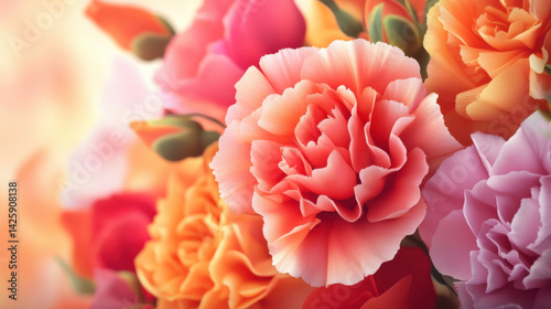 Vibrant bouquet of colorful carnations showcasing shades of pink, orange, and yellow, creating cheerful and lively atmosphere. Perfect for celebrations and special occasions
