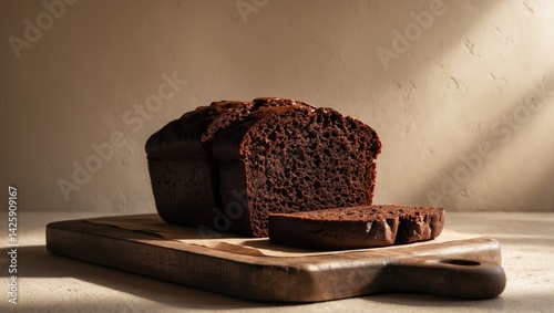 Chocolate-flavored bread loaf slice against a background.
