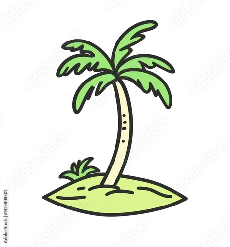 Cartoon palm tree on island, simple illustration, background is white, for children's book or app