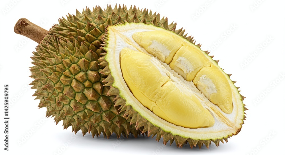 Fototapeta premium fresh whole durian fruit isolated on clean white background. generative ai