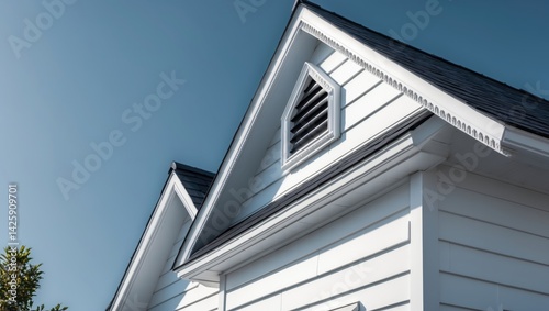 Close-up of a white triangle gable vent featuring decorative trim board on a newly constructed single-family home