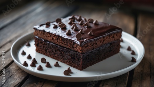 Chocolate brownie plate with pastry on white textured background