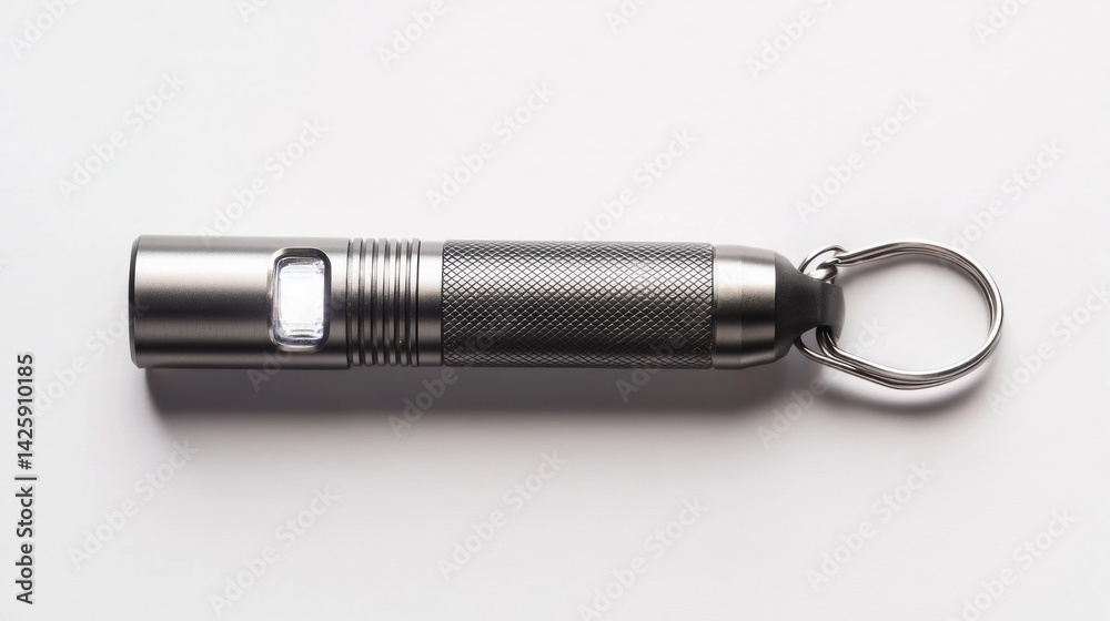 Compact, gray flashlight with keyring attachment Compact, gray flashlight with keyring attachment