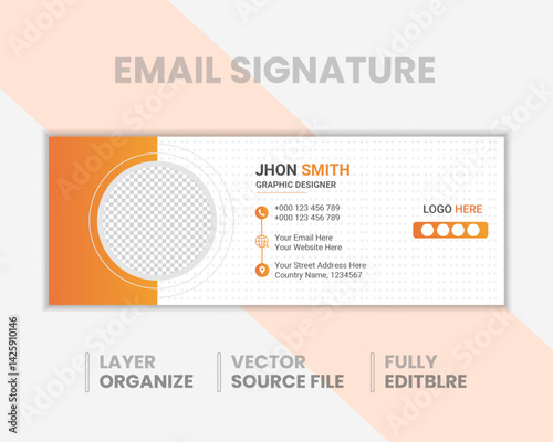 Professional Orange Email Signature Template for Business, Editable Vector Layout with Photo Placeholder, Contact Info, Logo Space, and Modern Clean Design.