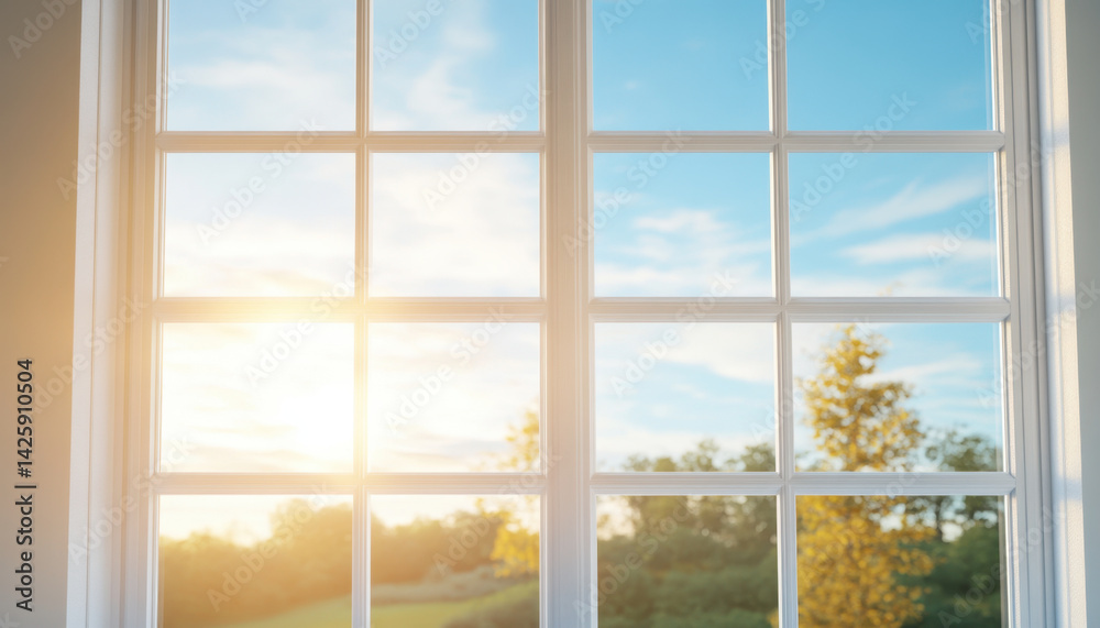Naklejka premium Bright window sunlight nature blue sky trees autumn home interior tranquility view