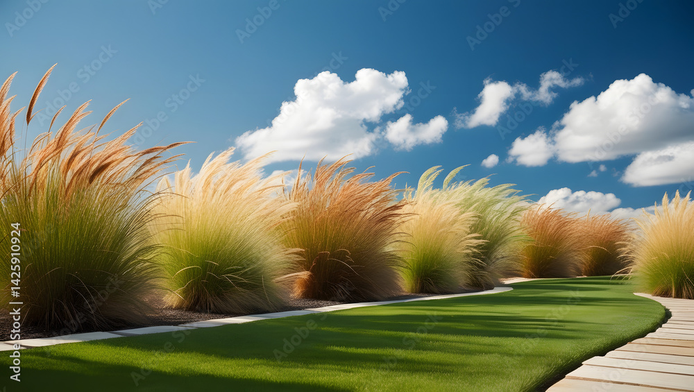 A serene and vibrant grass garden scene featuring tall, flowing ornamental grasses of varying textures and warm, earthy tones, swaying gently in the breeze, set against a bright blue sky with puffy