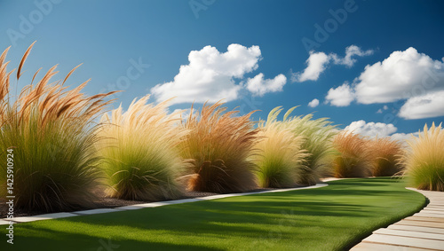 A serene and vibrant grass garden scene featuring tall, flowing ornamental grasses of varying textures and warm, earthy tones, swaying gently in the breeze, set against a bright blue sky with puffy 