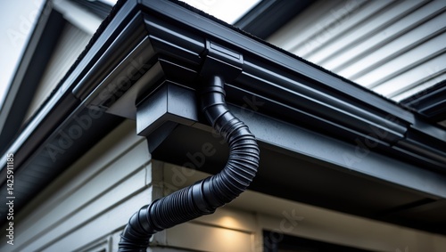 Close-up of dark gutter and eaves seen through porch roof system, featuring an elbow for rainwater channeling