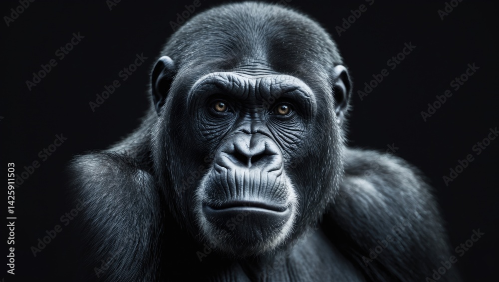 Obraz premium Close-up portrait of a chimpanzee gazing directly forward, isolated on a monochrome background