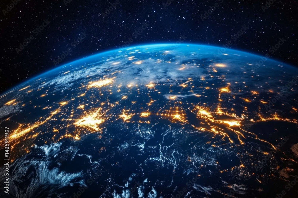 Fototapeta premium Night-time City Lights Across Europe: Space View, Global Networking, Future Technology Development